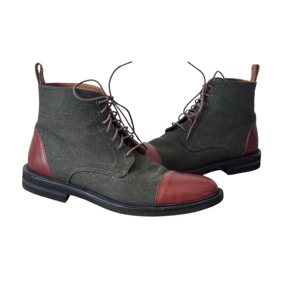 Taft Olive Green Canvas and Brown Leather Cap-Toe Boots